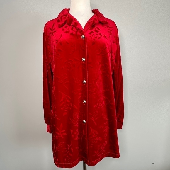 Vintage Diane Von Furstenberg Red Velour Button Down Blouse Top Women's Size L - Picture 1 of 9